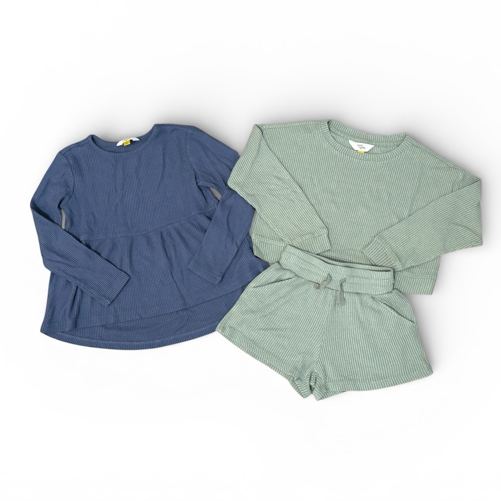 Rumi + Ryder Girls Size S Sage Rib Lounge Set + Blue Waffle Peplum Top Bundle
